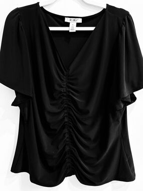White House Black Market Black Ruched V-Neck Flutter Sleeve Blouse